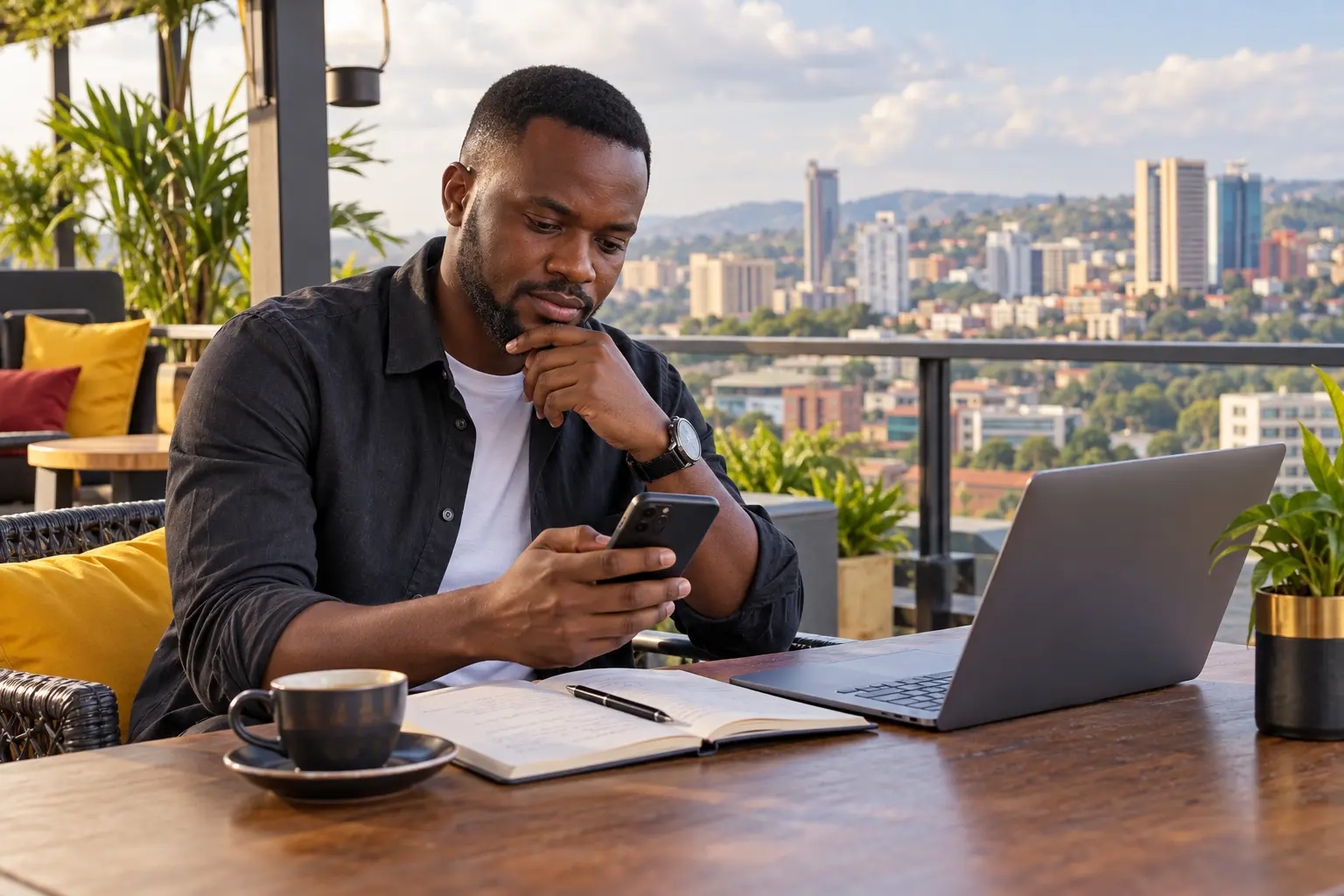 Adult user independently reviewing a sports platform in Kampala