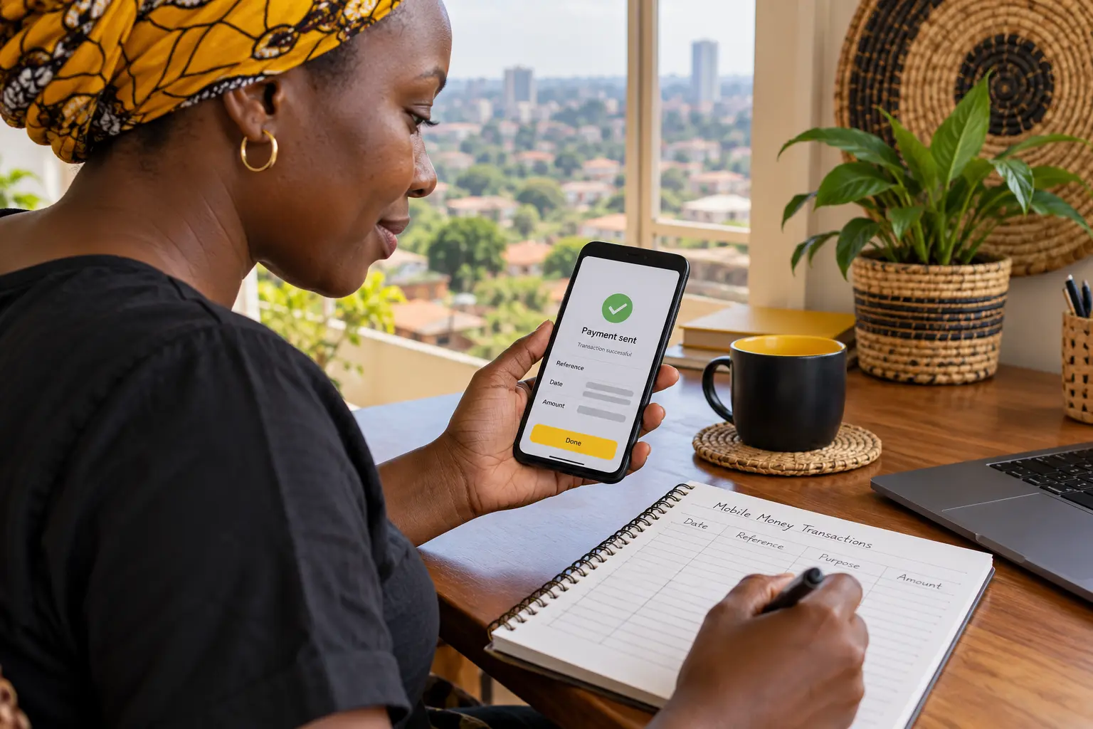Adult customer completing a secure mobile payment at a service counter in Kampala