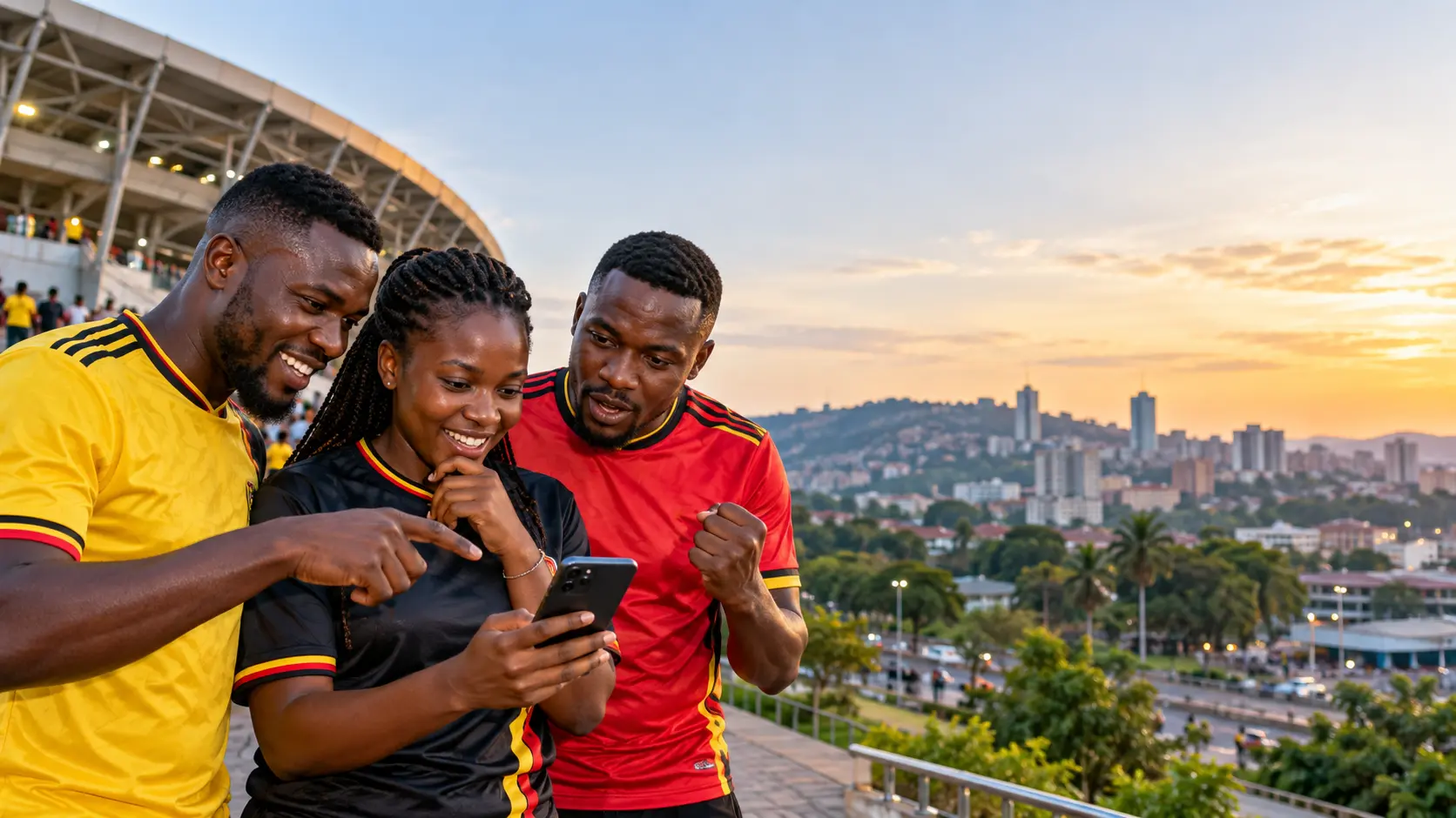 Adult football supporters in Kampala checking a mobile match interface